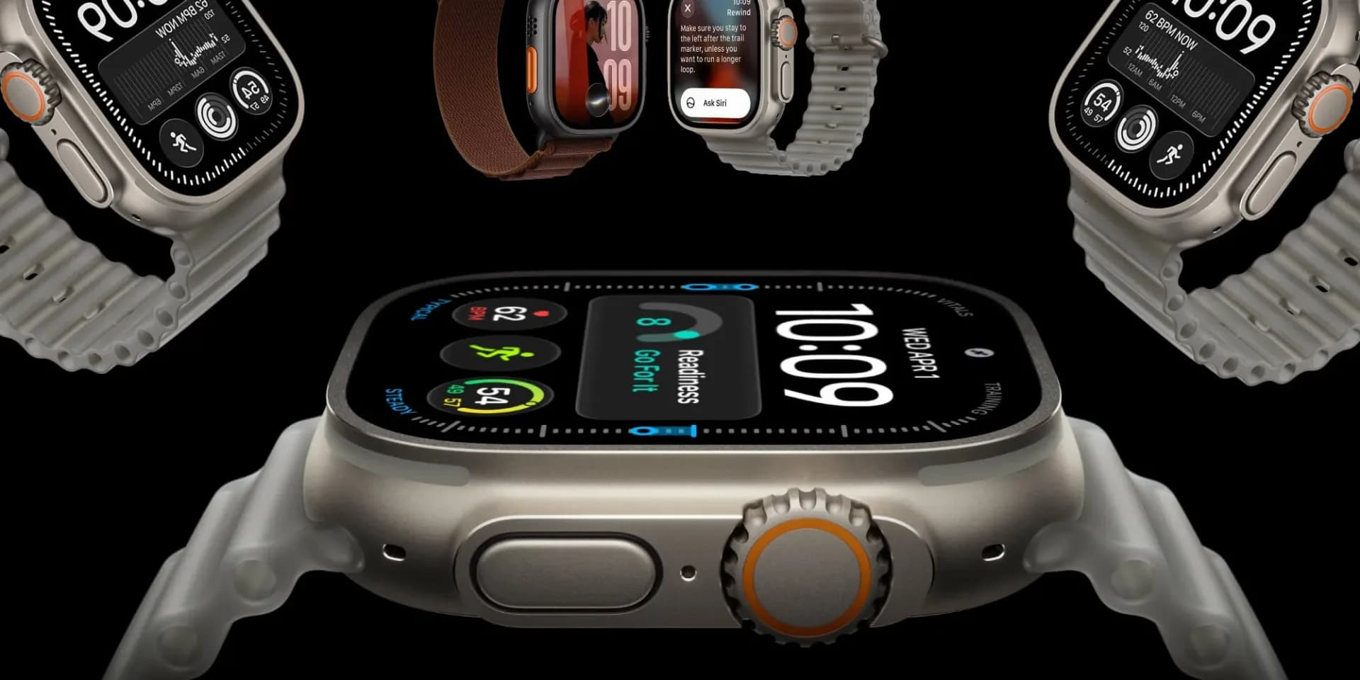 Apple Watch Ultra on a plain dark surface showing its rugged titanium case and strap