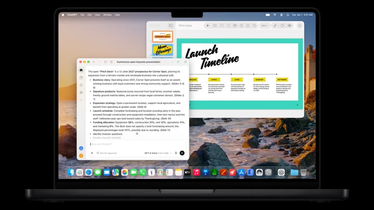 Apple's Pages, Keynote and Numbers app icons with an AI assistant interface overlay