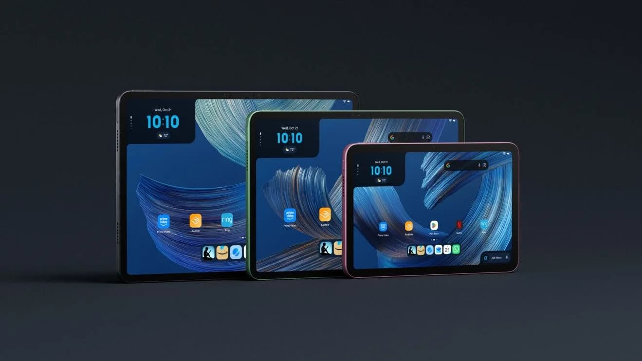 Three Amazon Alexa Tablets in different sizes shown side by side with Alexa Plus branding on screen