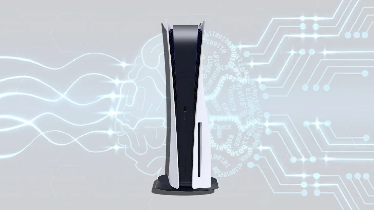 A white PlayStation 5 console standing upright on a flat surface.