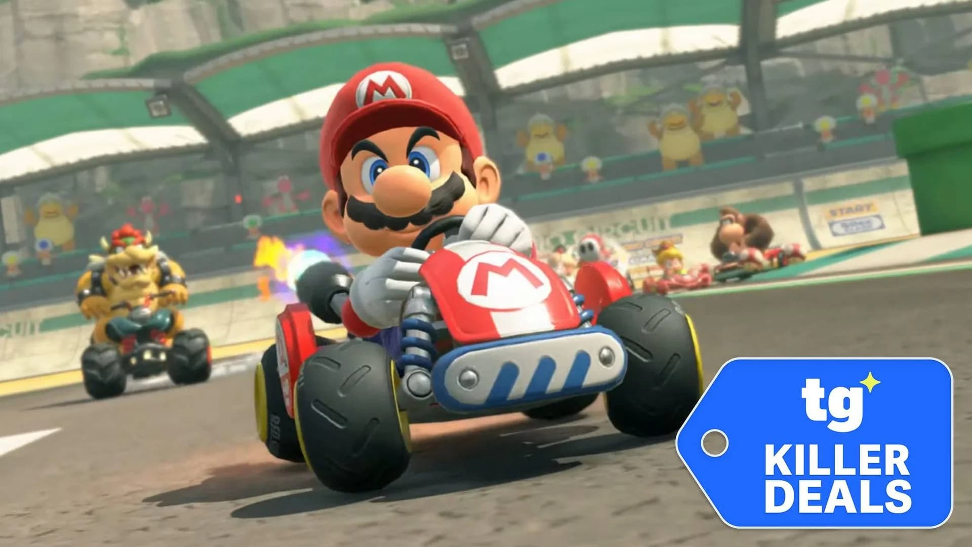 A Nintendo Switch 2 console with Joy-Con controllers attached, shown with the Mario Kart World game case.