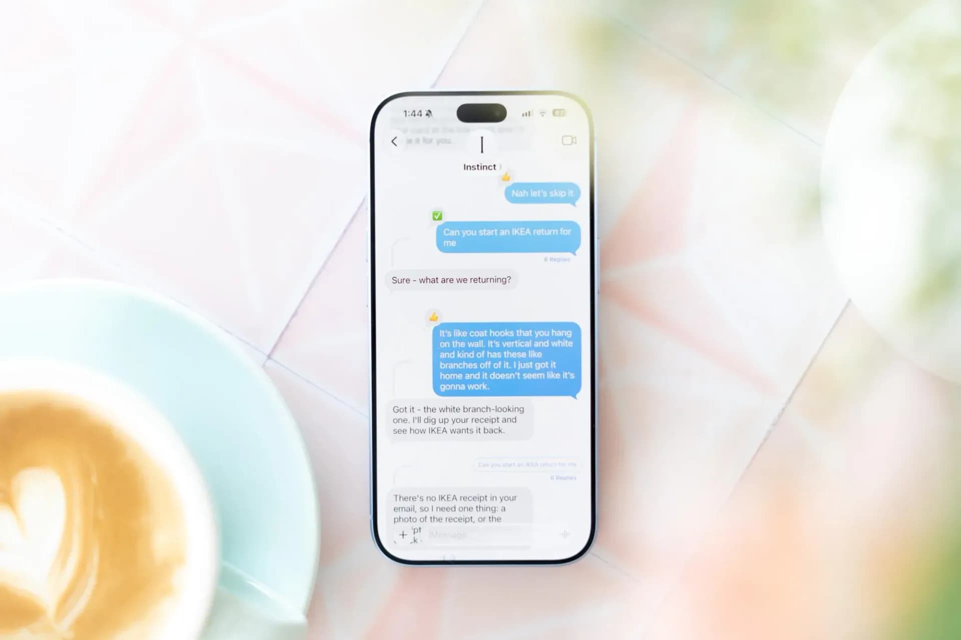 Smartphone displaying an automated messaging conversation thread with an artificial intelligence assistant.