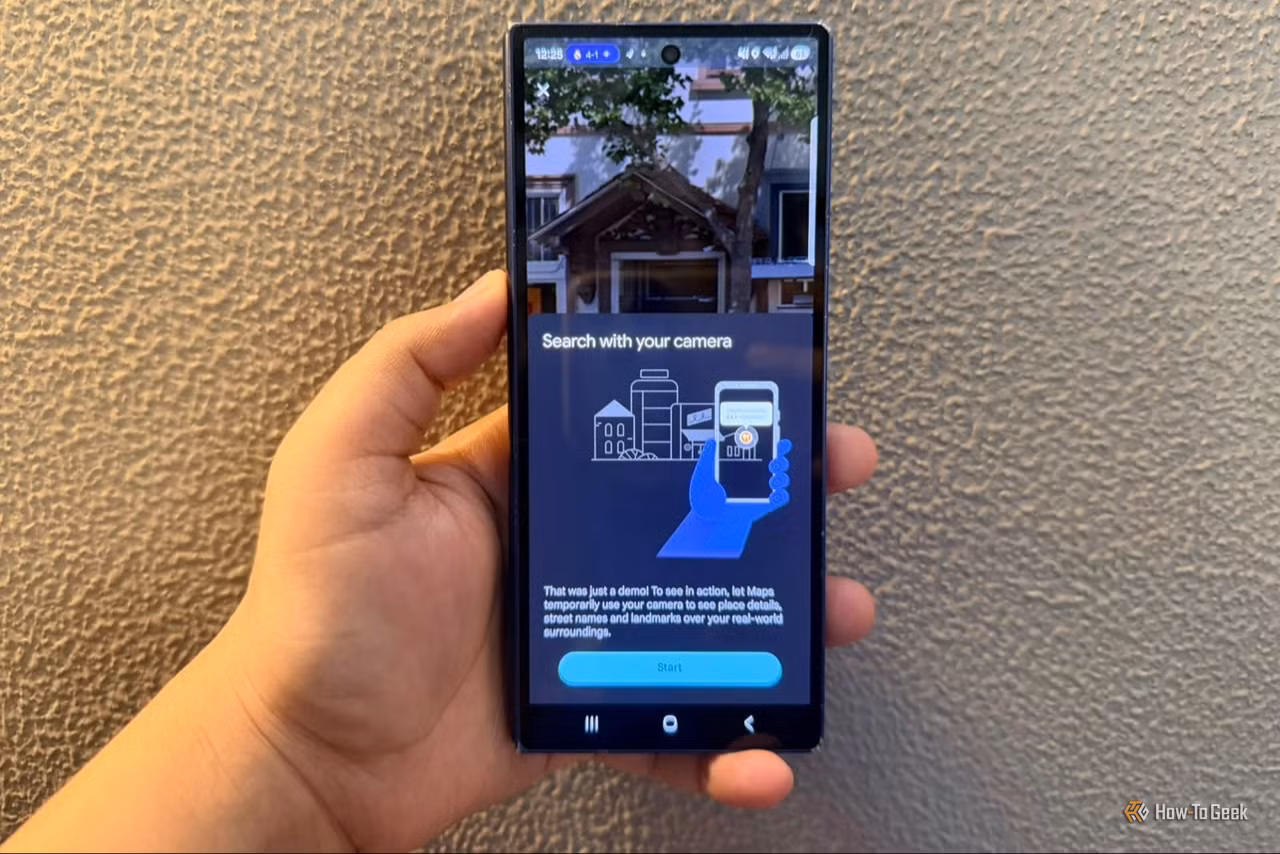 Google Maps app open on a smartphone showing turn-by-turn navigation with 3D buildings rendered along the route.
