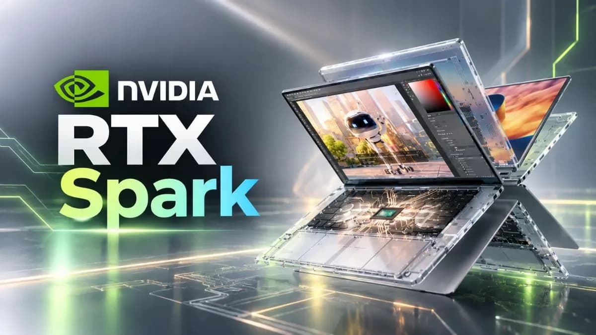 A high-performance laptop workstation open on a desk showing local AI software and video editing tools