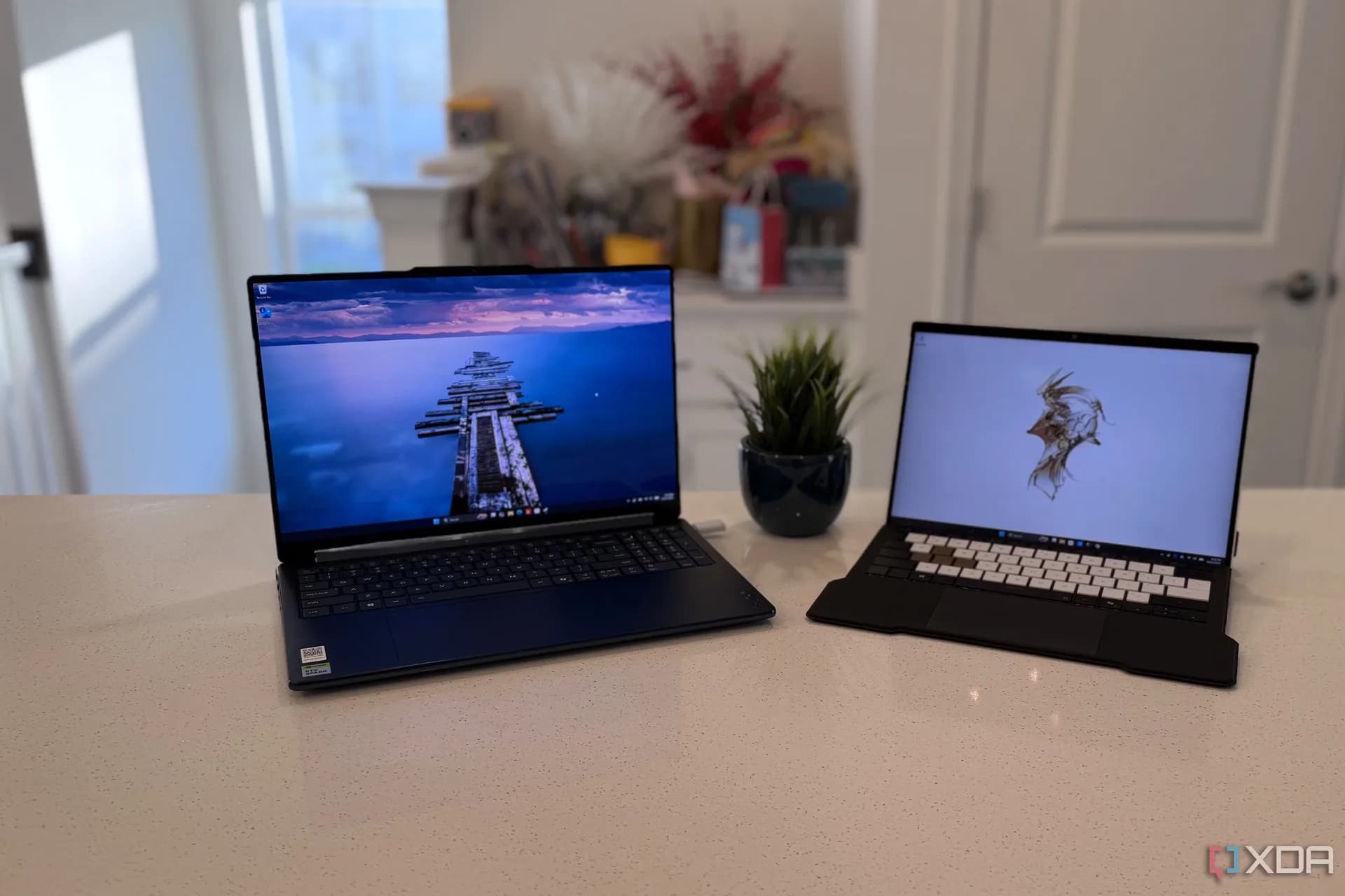 A laptop running local AI inference software next to specs for Nvidia RTX Spark N1X and AMD Ryzen AI Max+ 395 chips