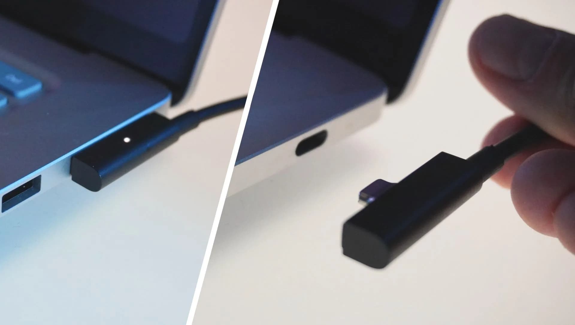 Microsoft Surface Laptop Ultra showing its side USB-C port with magnetic charging connector attached.