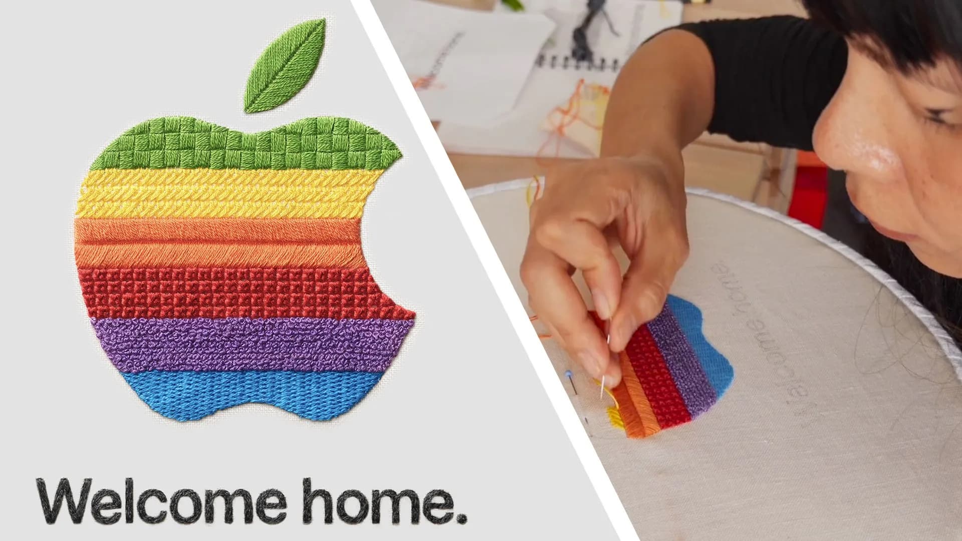 Apple's 'Welcome home' teaser graphic showing a stitched Apple logo for the October 13 event