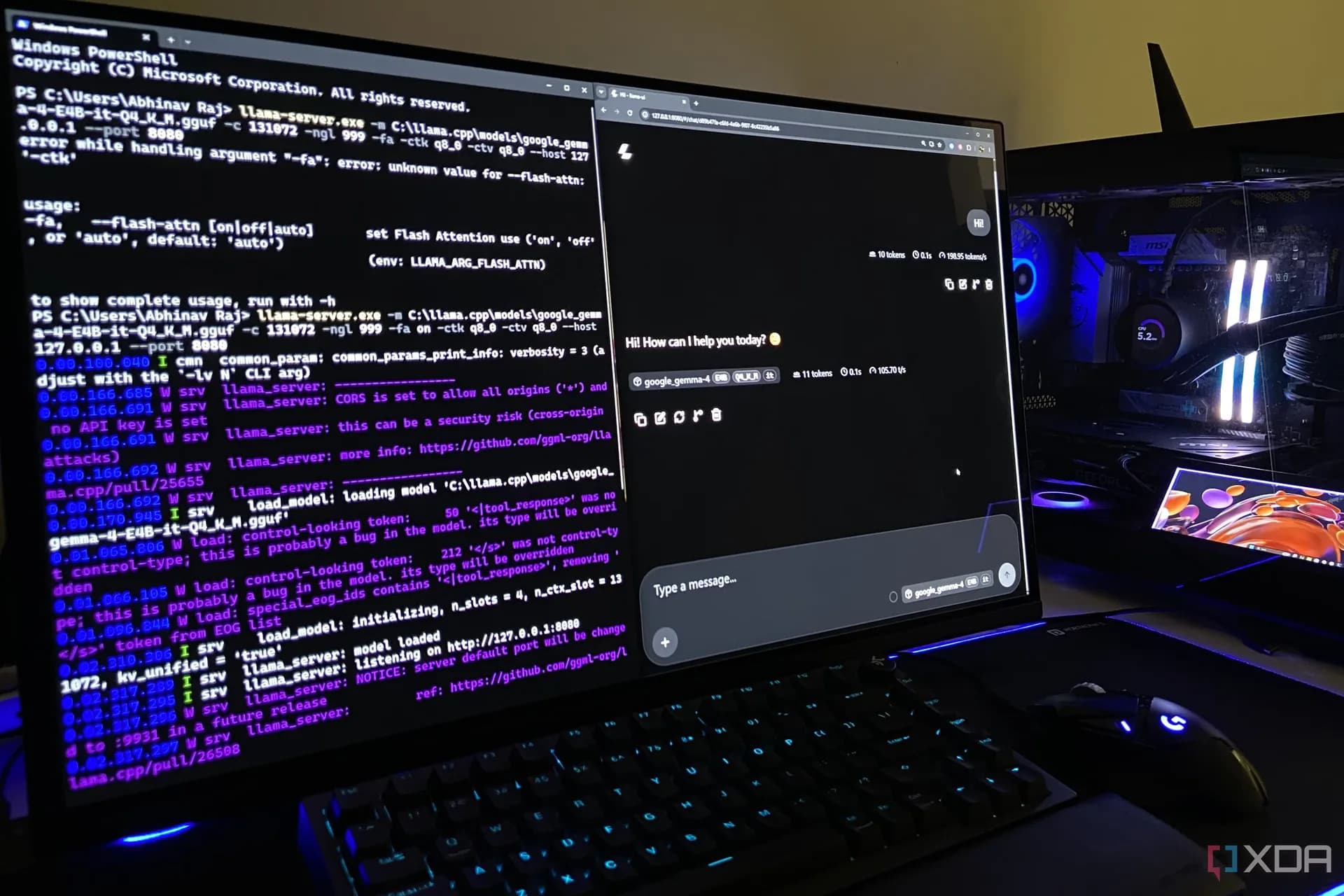 A laptop screen showing a coding interface alongside a terminal window running a local AI model.