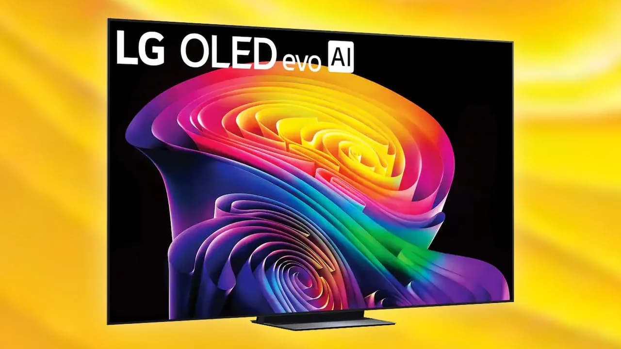 LG Evo C6H 83-inch OLED television displaying a bright colorful scene in a living room setting