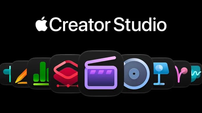 Apple Creator Studio app icons for Logic Pro, Final Cut Pro, Keynote and Pixelmator Pro displayed on a Mac screen