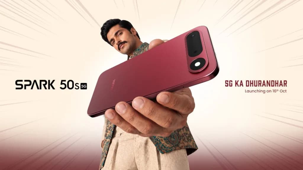 Teaser image of the Tecno Spark 50s 5G smartphone showing its redesigned rear camera module and slim body.