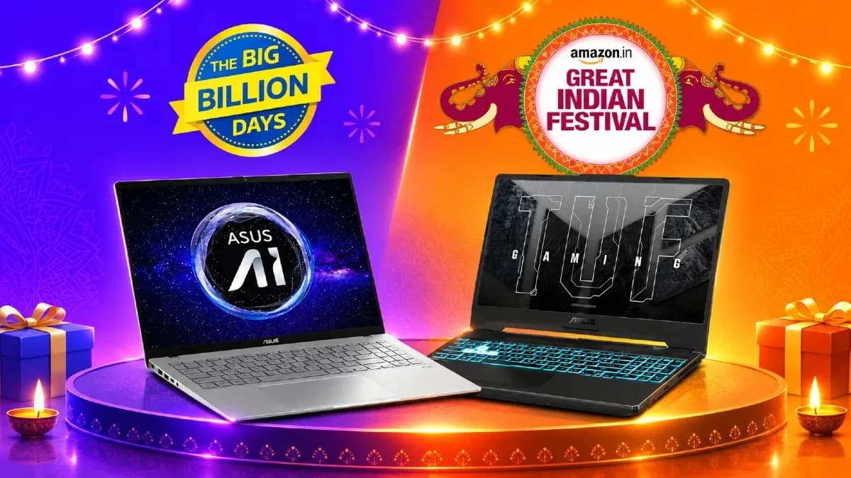 Asus laptops including Vivobook and ROG Strix models displayed with festive sale discount tags