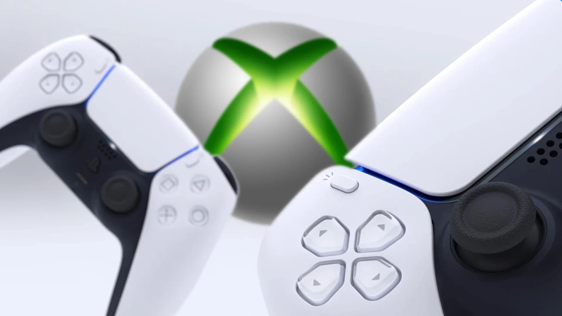 A PlayStation 5 console standing on a desk with gaming controllers nearby.