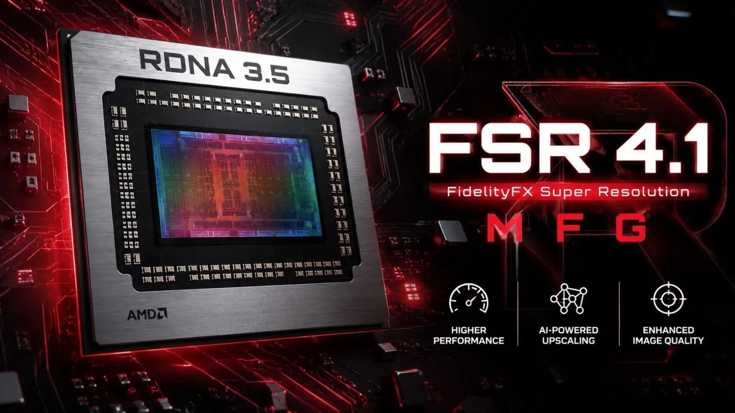 AMD logo displayed with gaming hardware components in the background