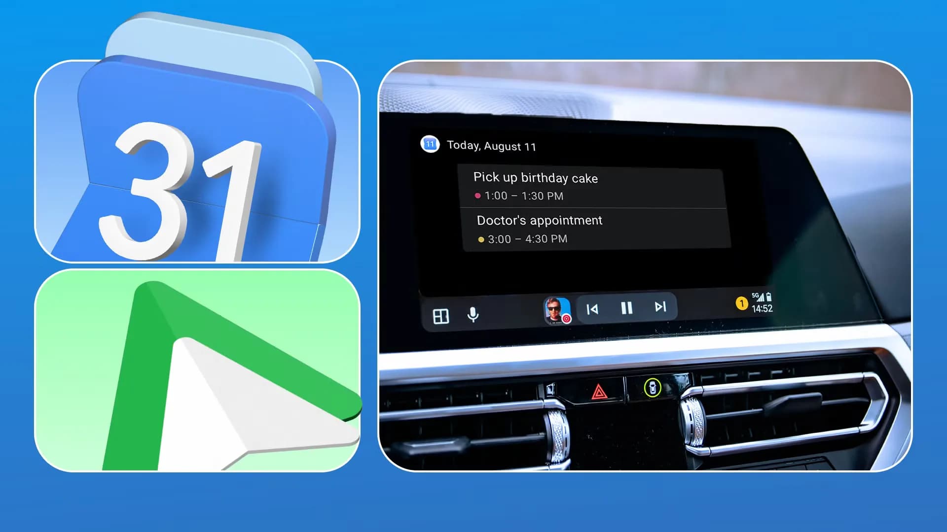 Android Auto display showing Google Calendar events and Google Maps navigation on a car dashboard screen