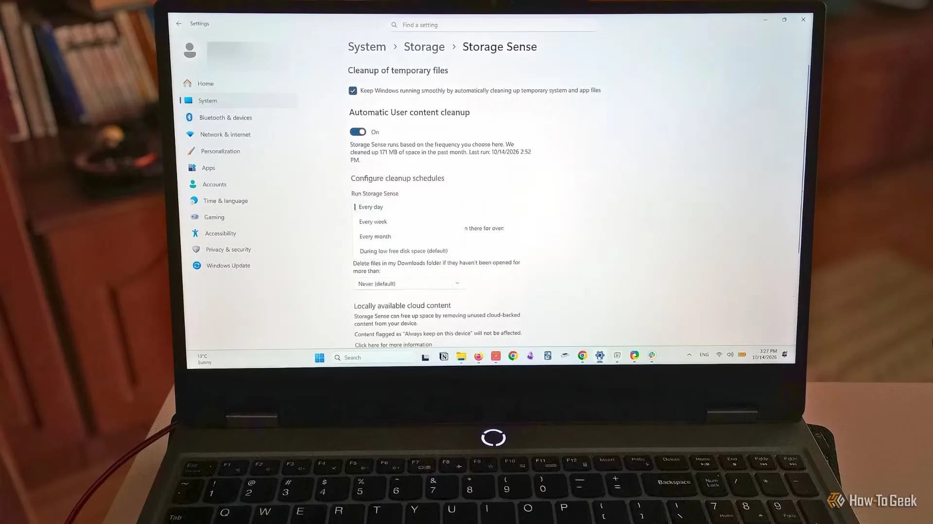 Windows 11 Settings app open to Storage Sense toggle