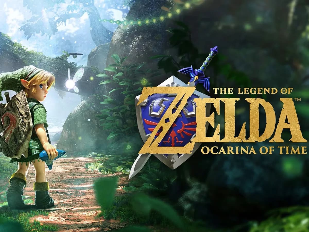 A side-by-side comparison showing the original N64 Ocarina of Time interface and the new Switch 2 remake UI, with modern lighting and character models