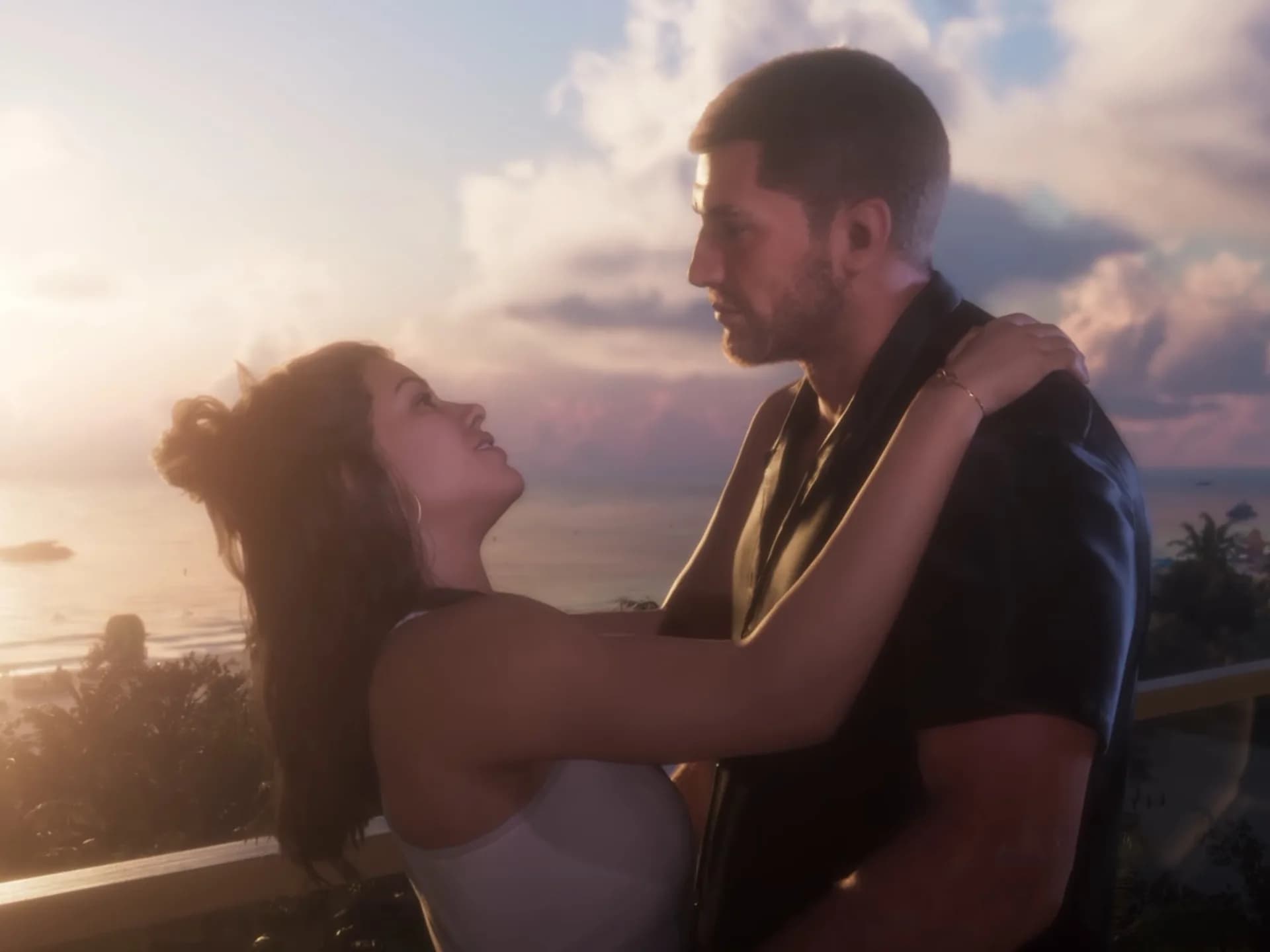 GTA 6 launch trailer screenshot showing Jason in a sunlit shower, water droplets visible on skin