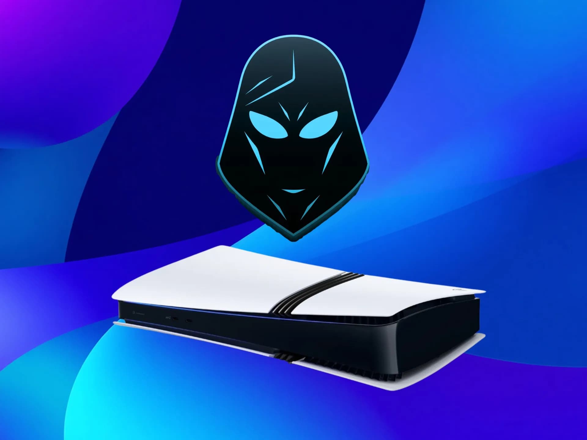 A Sony PlayStation 5 console standing upright beside a DualSense controller on a dark surface.