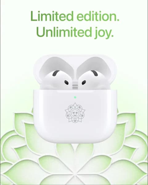 Apple's Special Edition AirPods 5 Wireless Charging Case with rangoli engraving, displayed beside a traditional rangoli motif