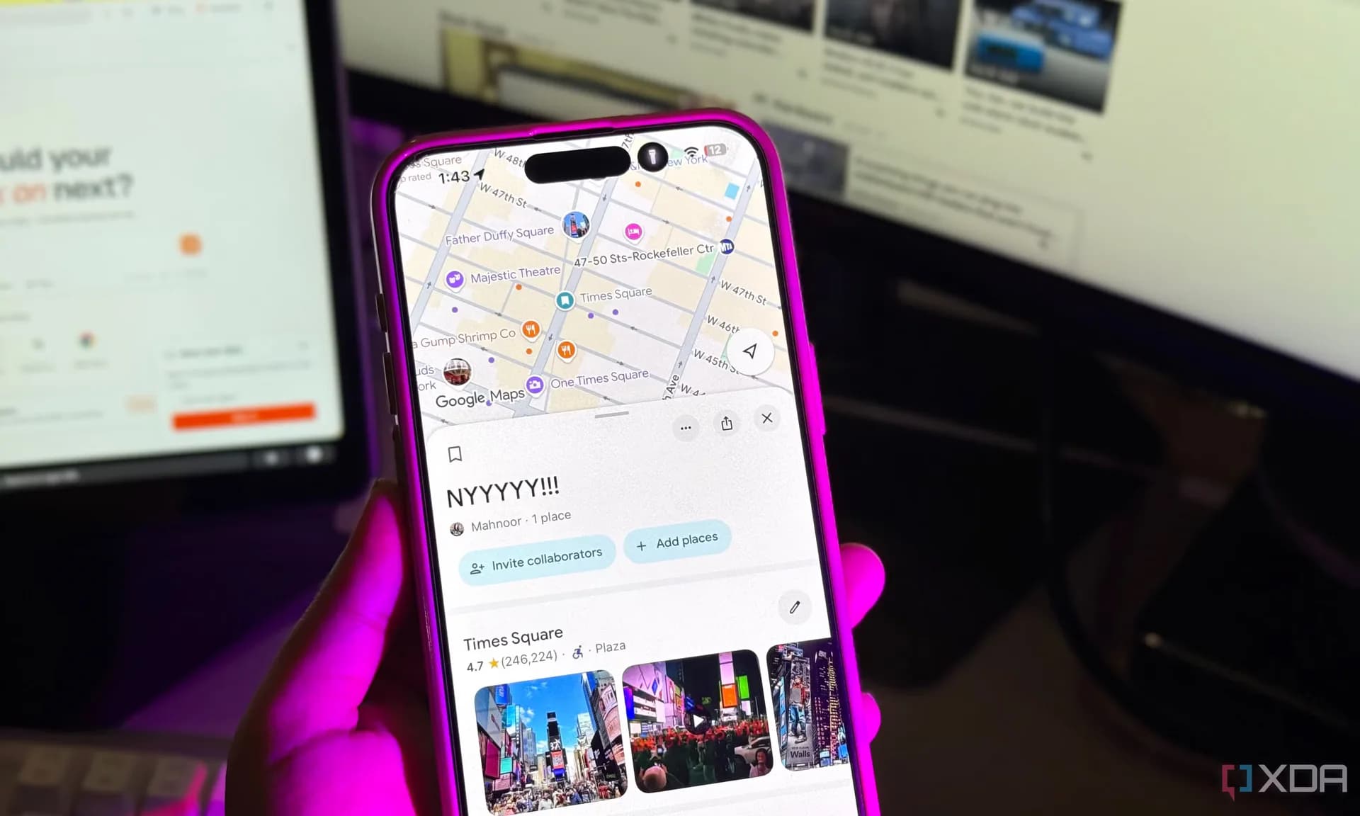 Google Maps app open on a smartphone screen showing a route and nearby points of interest
