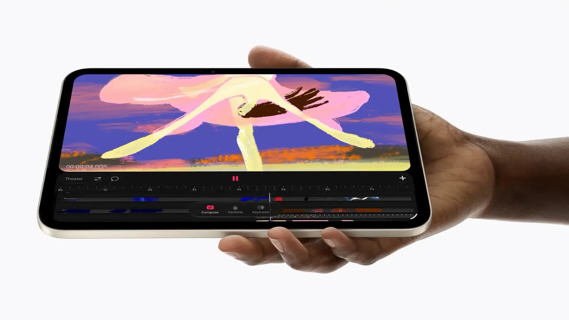 Apple's eighth-generation iPad mini shown at an angle highlighting its thin aluminum body and OLED display.