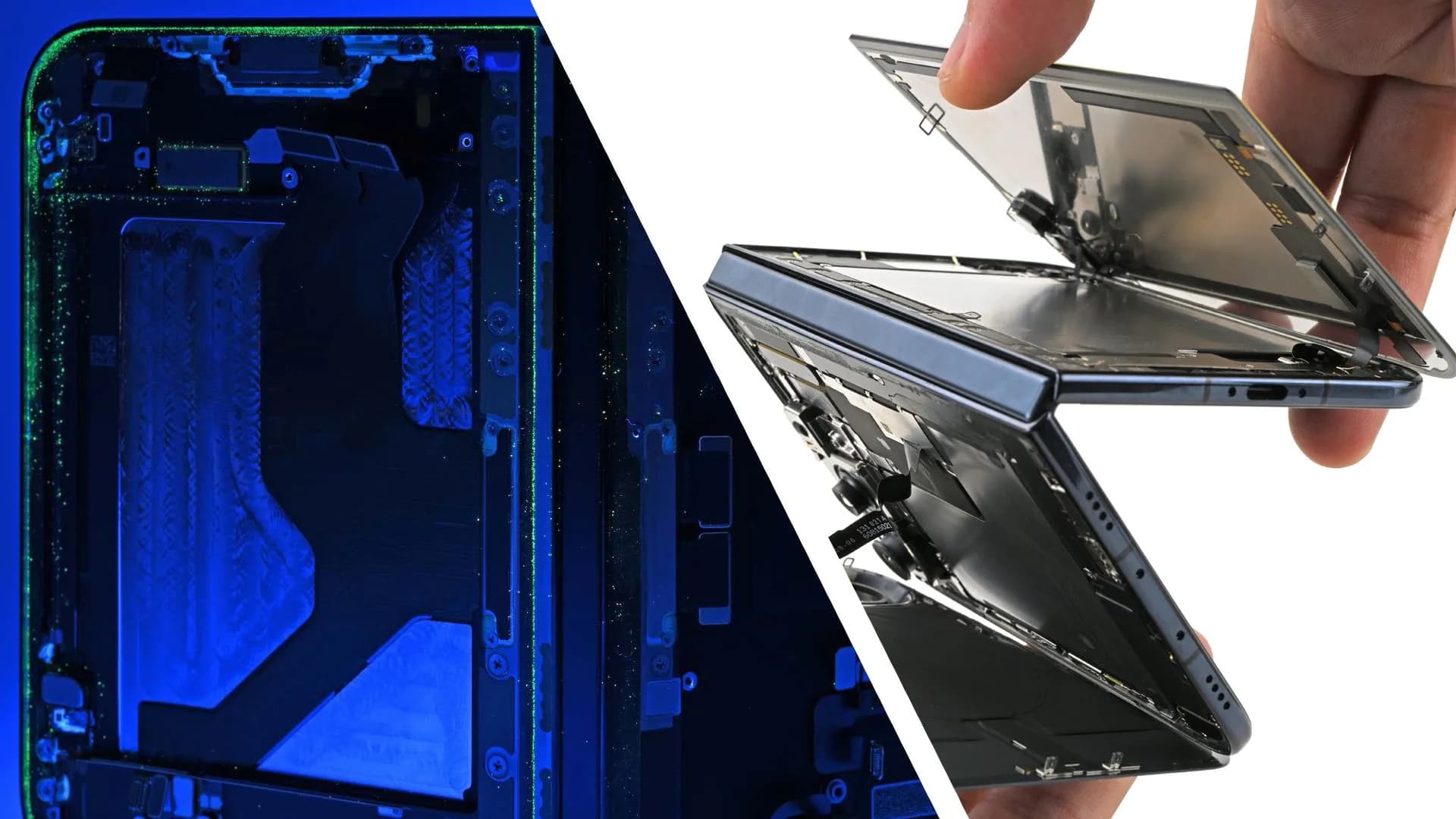 Disassembled iPhone Duo foldable phone showing its hinge mechanism and internal components during an iFixit teardown.