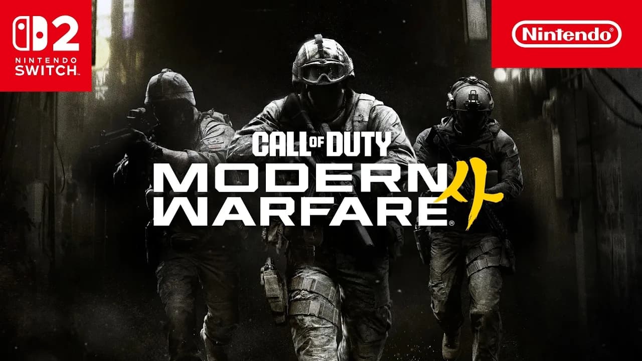 A dark, gritty screenshot of Call of Duty: Modern Warfare 4 running on what appears to be a Switch 2 dev kit, showing sharp foliage and clean edges around a doorway