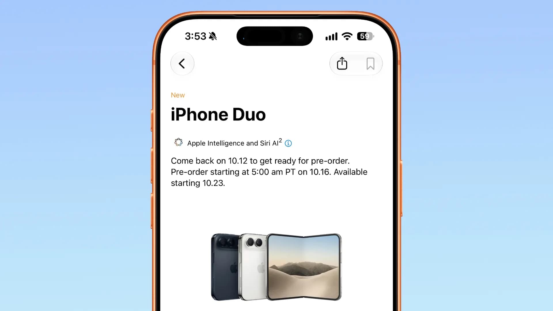 iPhone Duo folded and unfolded, rendered in Night Sky and Star White