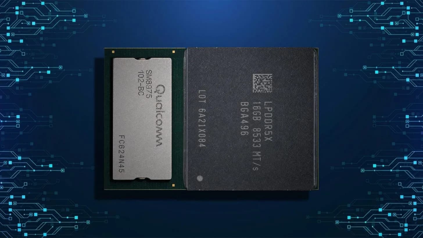 A macro view of a Qualcomm Snapdragon processor mounted on an engineering testing board.