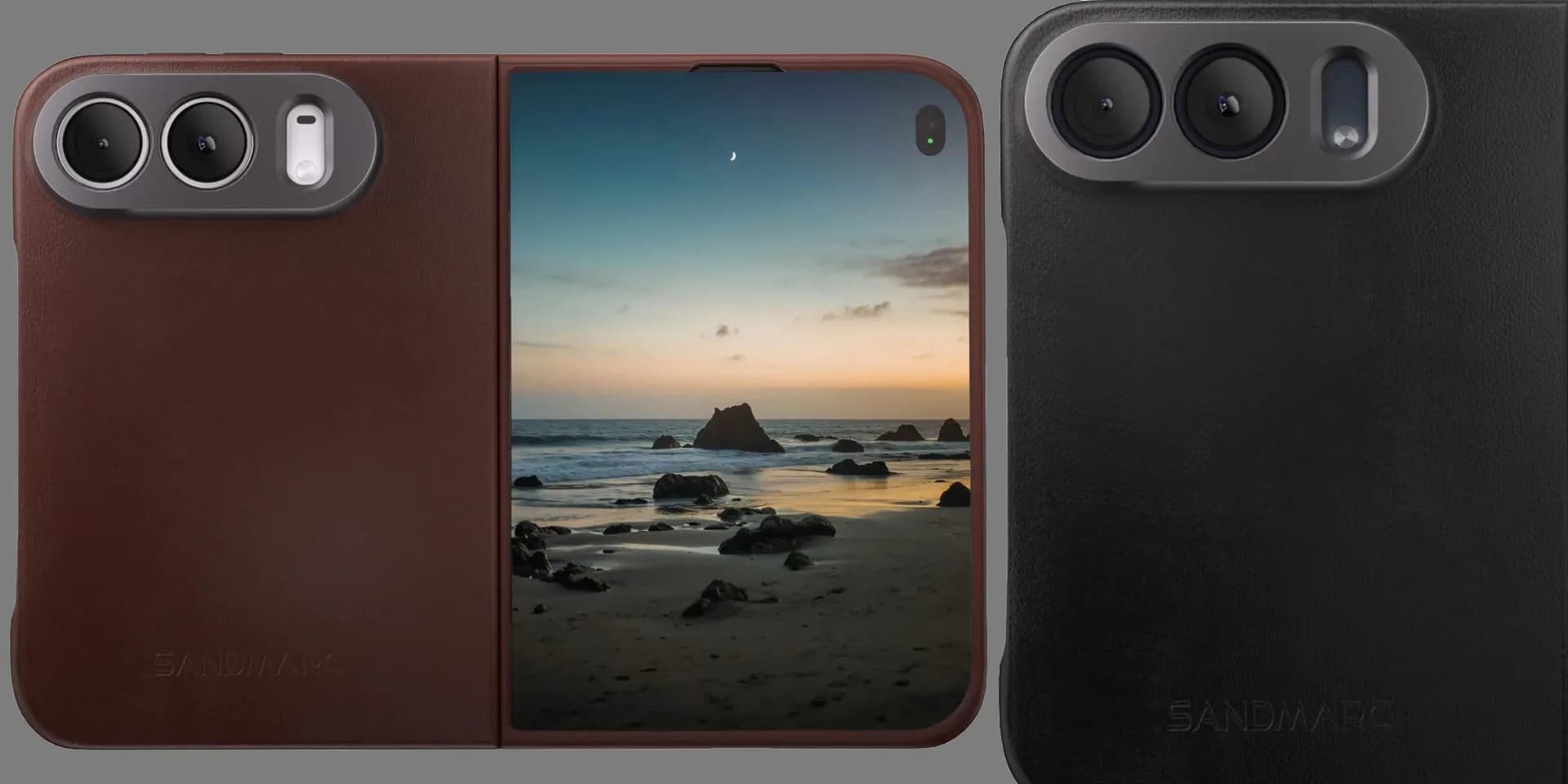 SANDMARC iPhone Duo Pro Leather Case in dark brown, shown from rear with visible aluminum mount and camera cutout