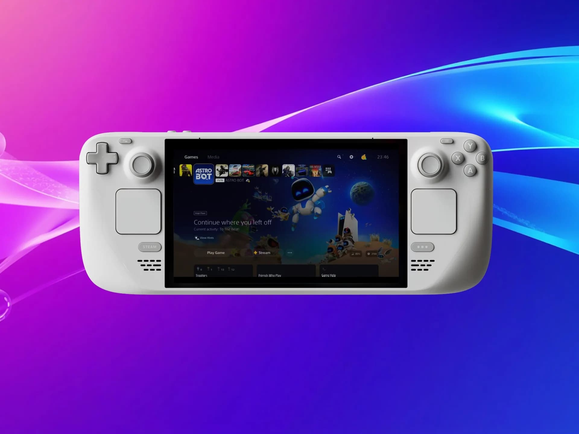 A Steam Deck displaying a cloud-streamed game interface next to a DualSense wireless controller on a desk