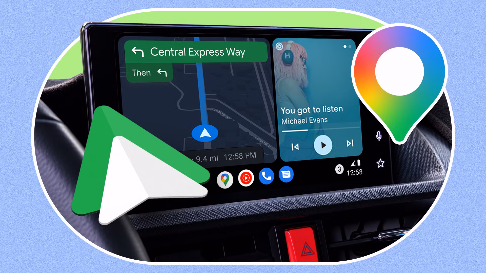 Android Auto interface showing Google Maps with traffic layer enabled and a coffee shop added as a stop