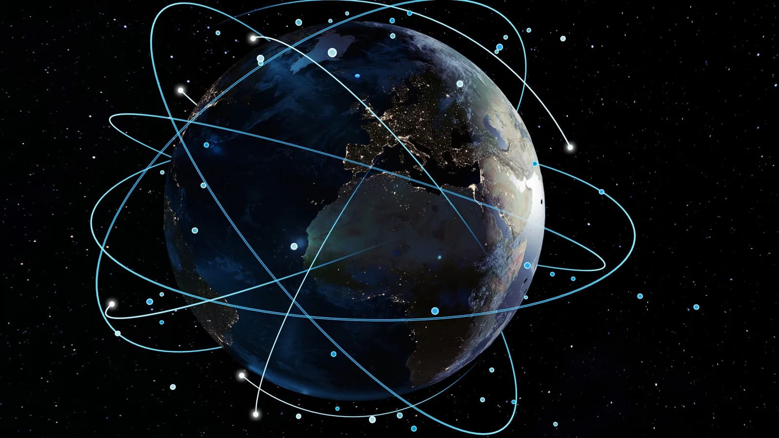 A cluster of Starlink satellites drifting through low Earth orbit against the curve of Earth.