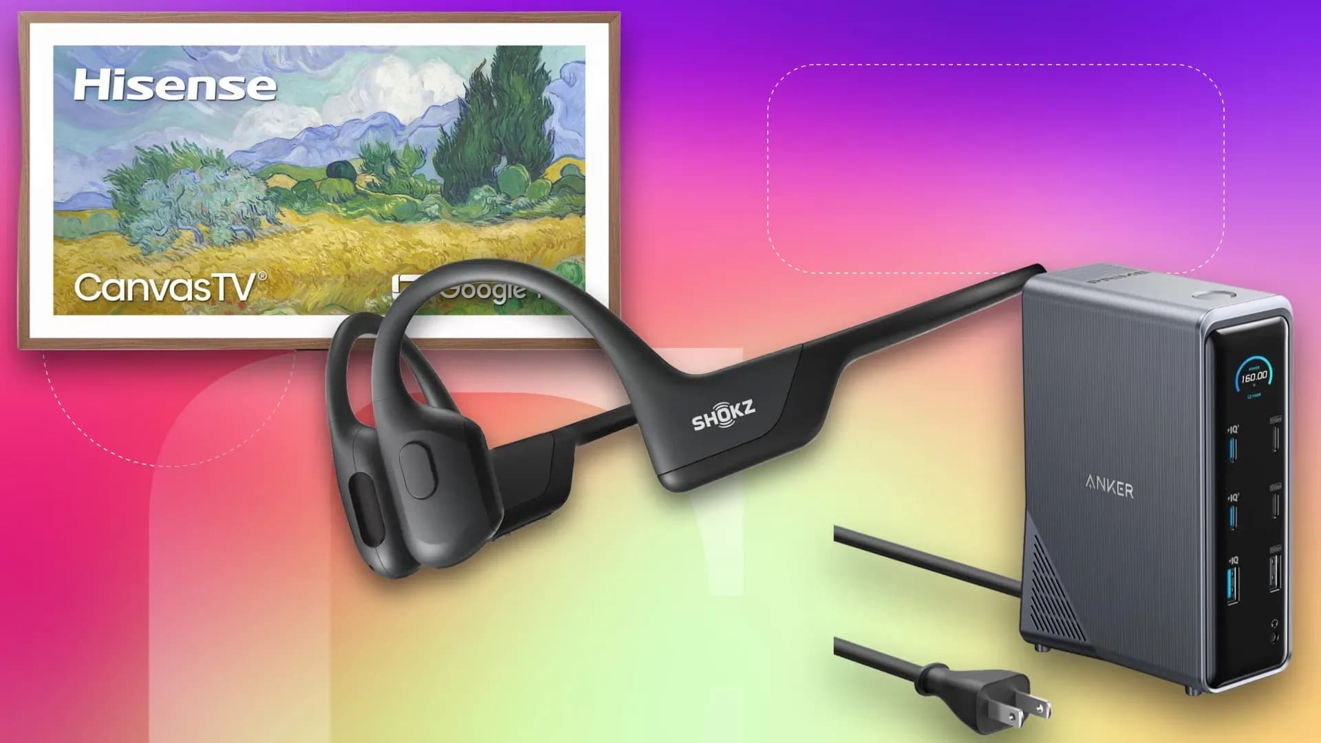 Shokz OpenRun Pro bone-conduction headphones next to a Hisense Canvas TV and an Anker Prime docking station, product shots from the Amazon deal listings
