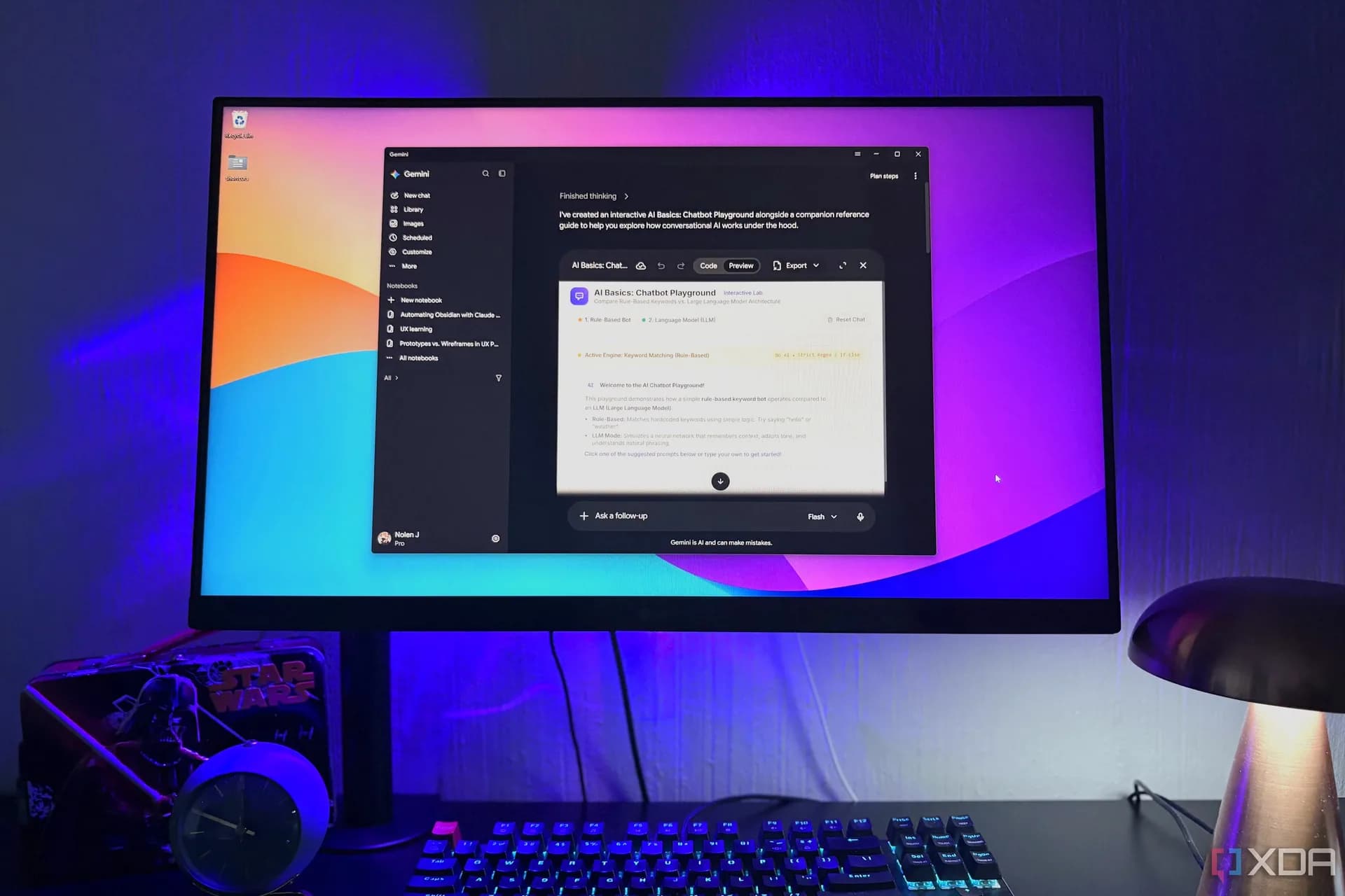 Gemini desktop app running on Windows 11, showing chat interface with collapsible sidebar and prompt box