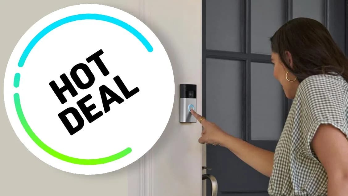 A Ring Battery Video Doorbell mounted beside a front door, with a Blink Outdoor 4 visible on a porch railing