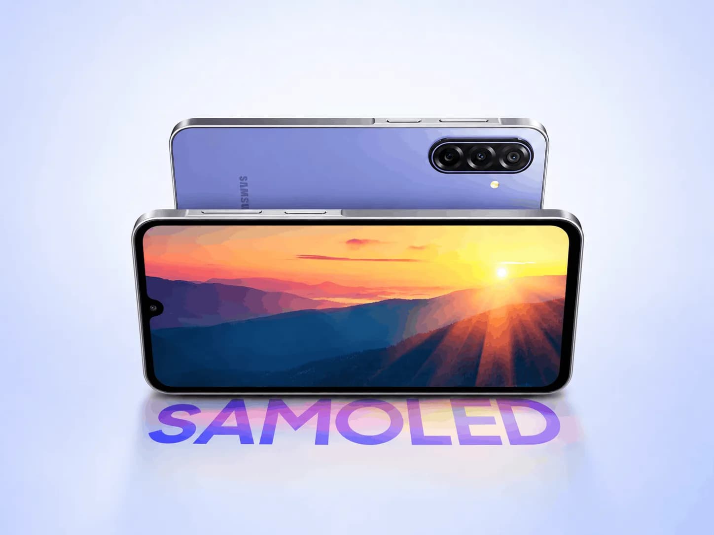 Samsung Galaxy F70 5G in Vivid Violet, front-facing camera centered, curved AMOLED display lit