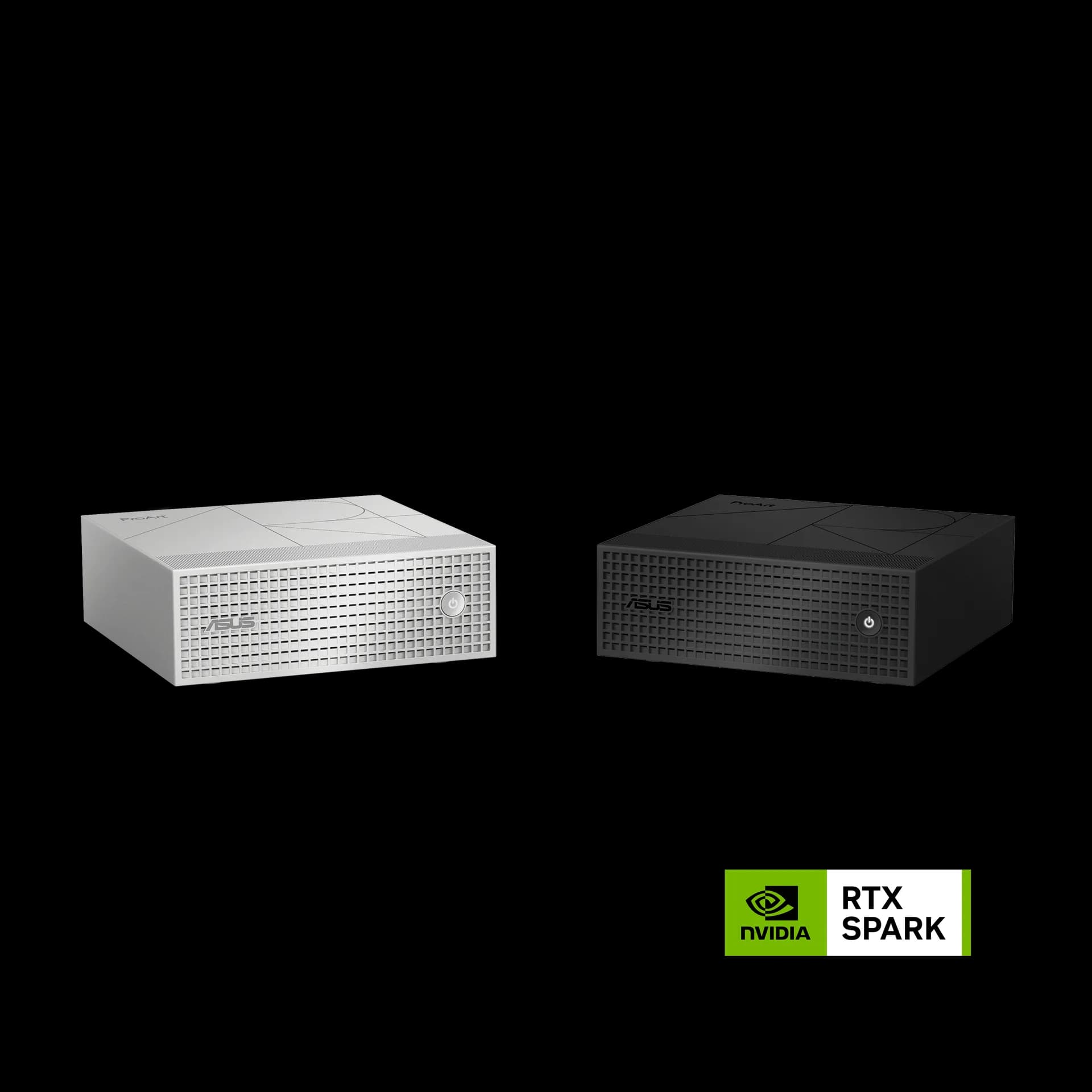 Asus ProArt GR1X mini PC front and side view on a white surface