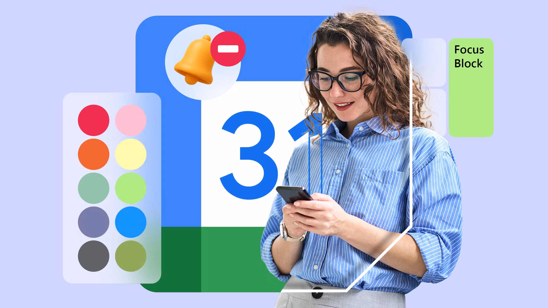 Google Calendar app interface showing day view with secondary time zone column and color-coded time blocks