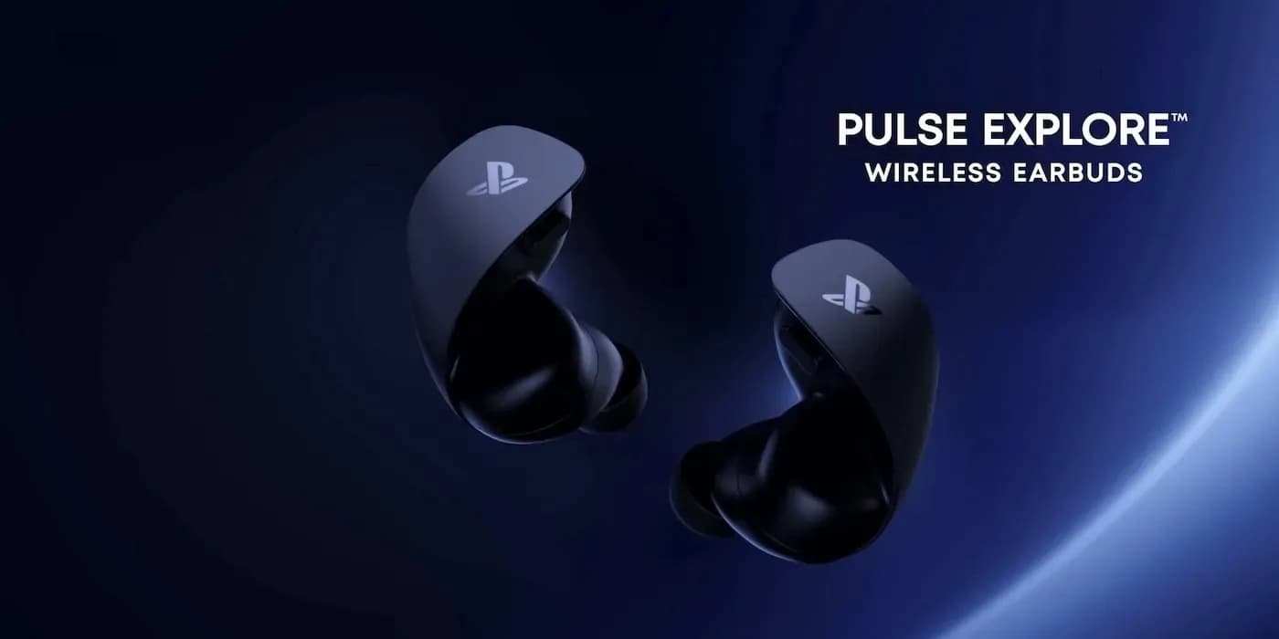 Sony PlayStation Pulse Explore wireless earbuds in Midnight Black alongside their charging case.