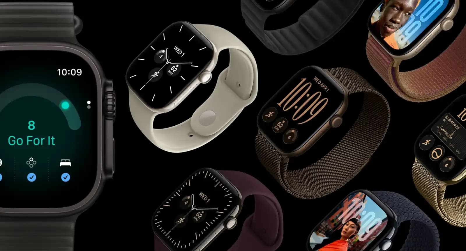 Apple Watch Ultra 4 and Series 12 side by side on a wrist, showing Black Titanium and Dark Bronze finishes