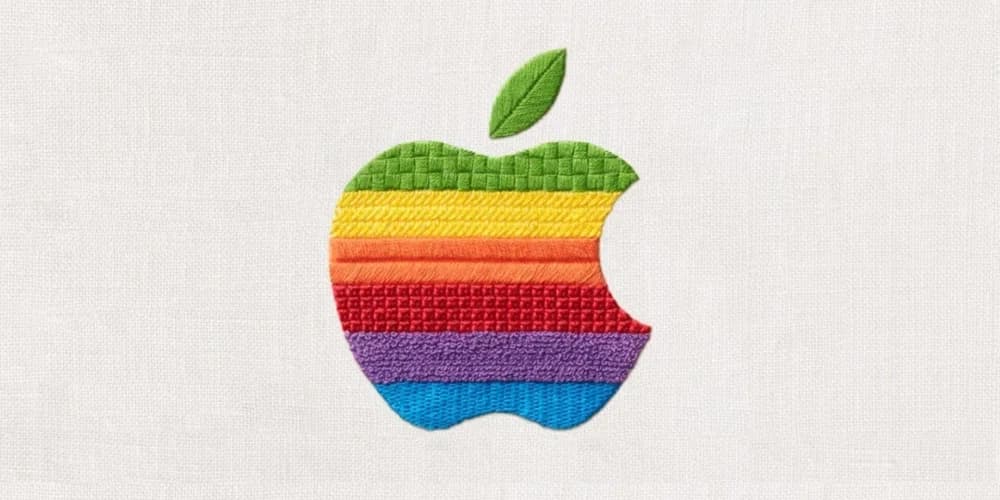 A stitched rainbow Apple logo with 'Welcome home' underneath, as shown in Apple's official teaser