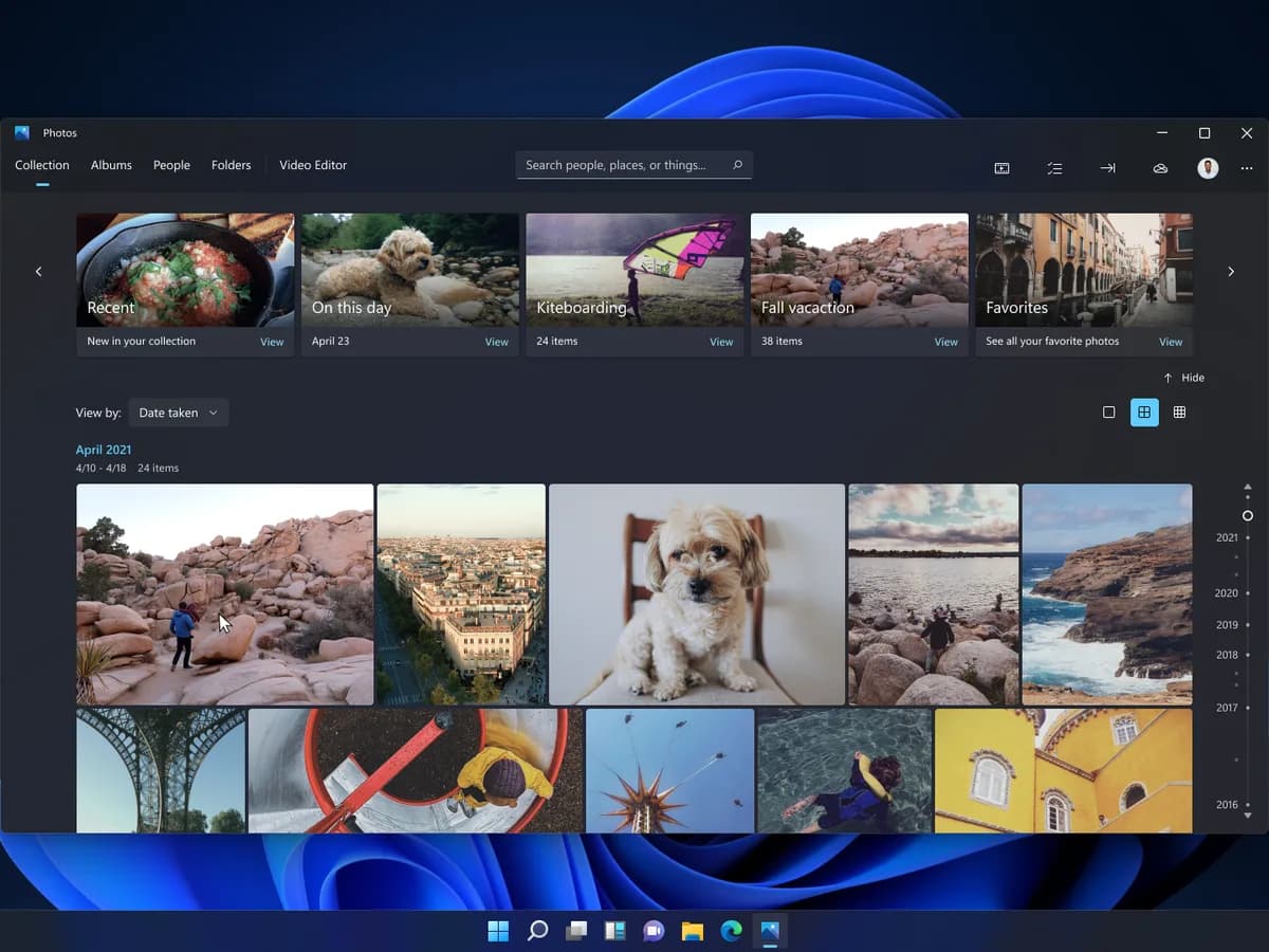 Windows 11 Photos app interface showing thumbnails from local storage, OneDrive, and iCloud in one scrollable grid