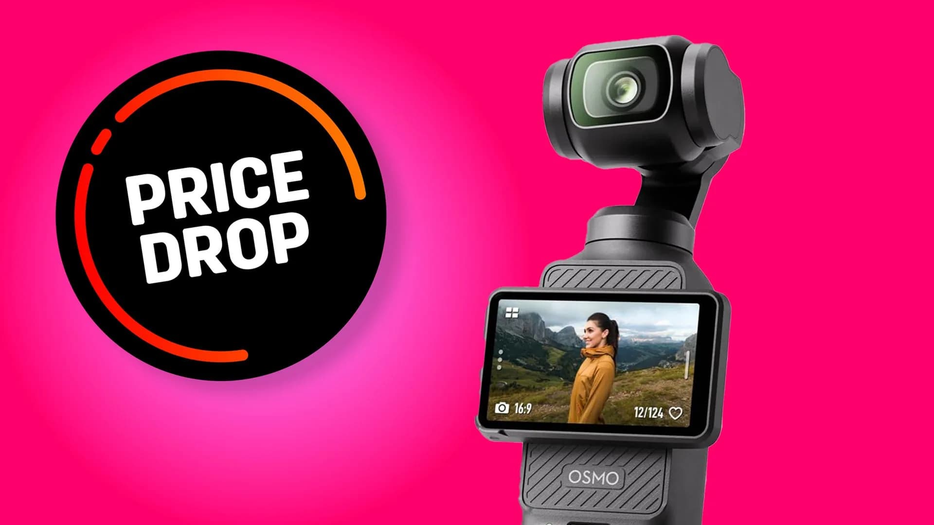 DJI Osmo Pocket 3 held in hand, showing rotating screen and gimbal arm