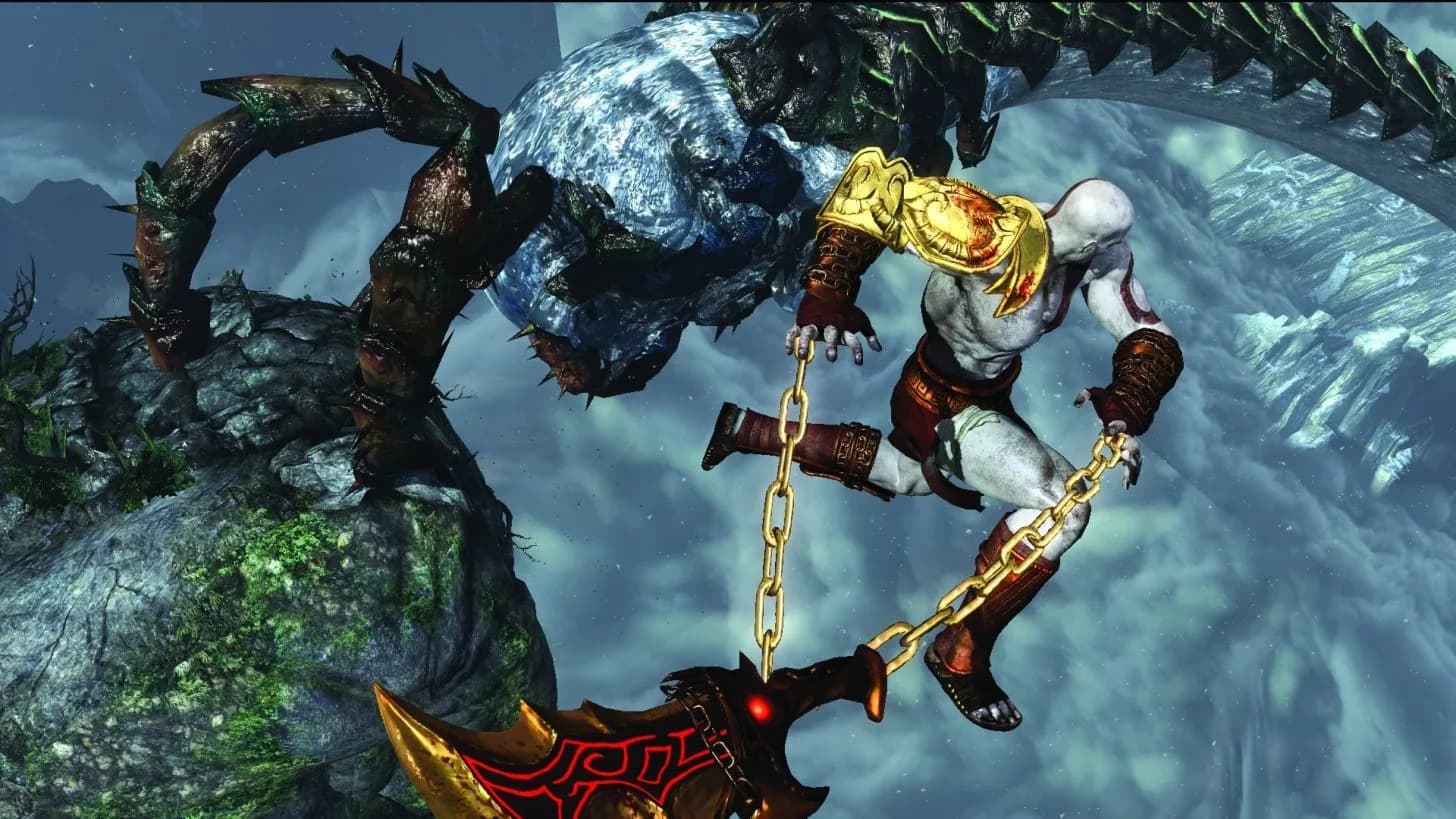 God of War 3 Remastered running on PC with in-game menu open showing resolution and FPS options