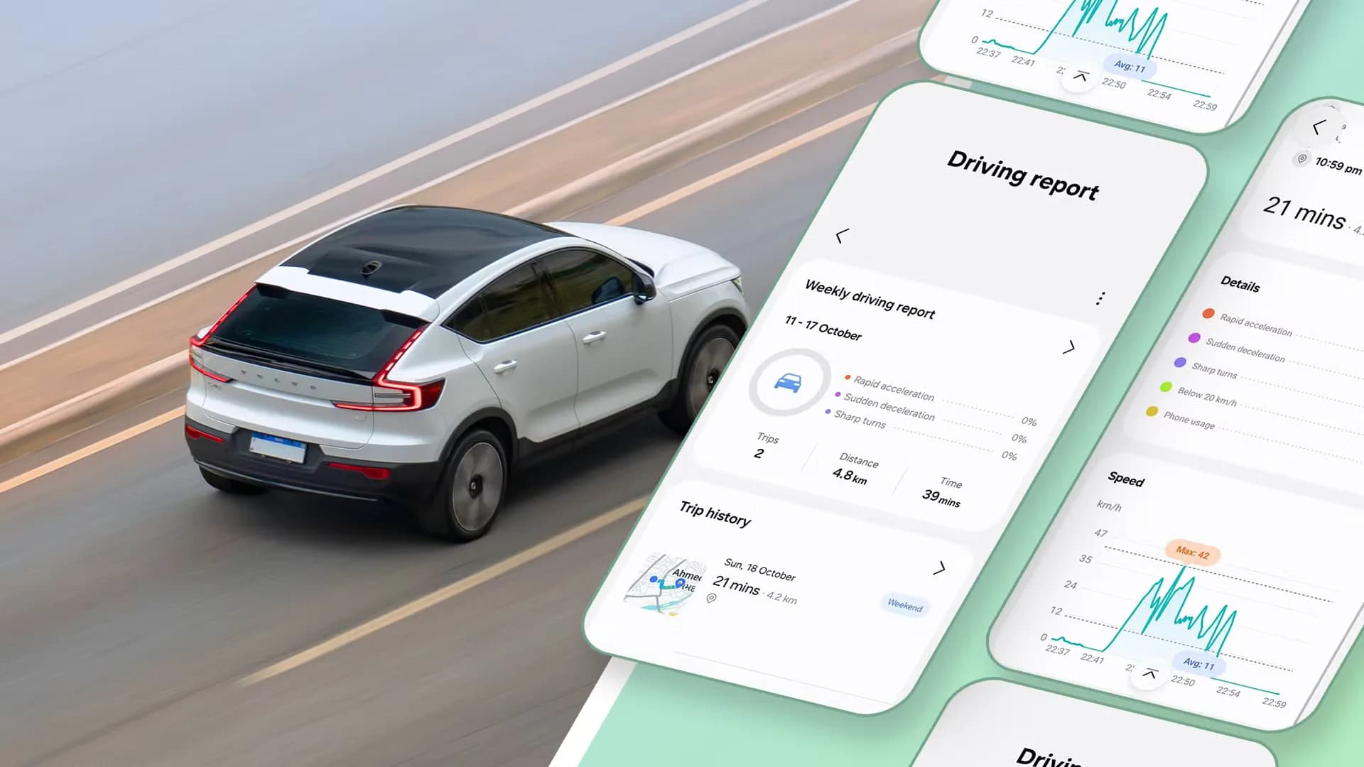 Samsung Galaxy phone showing One UI 9 Driving Report trip summary with map and speed graph