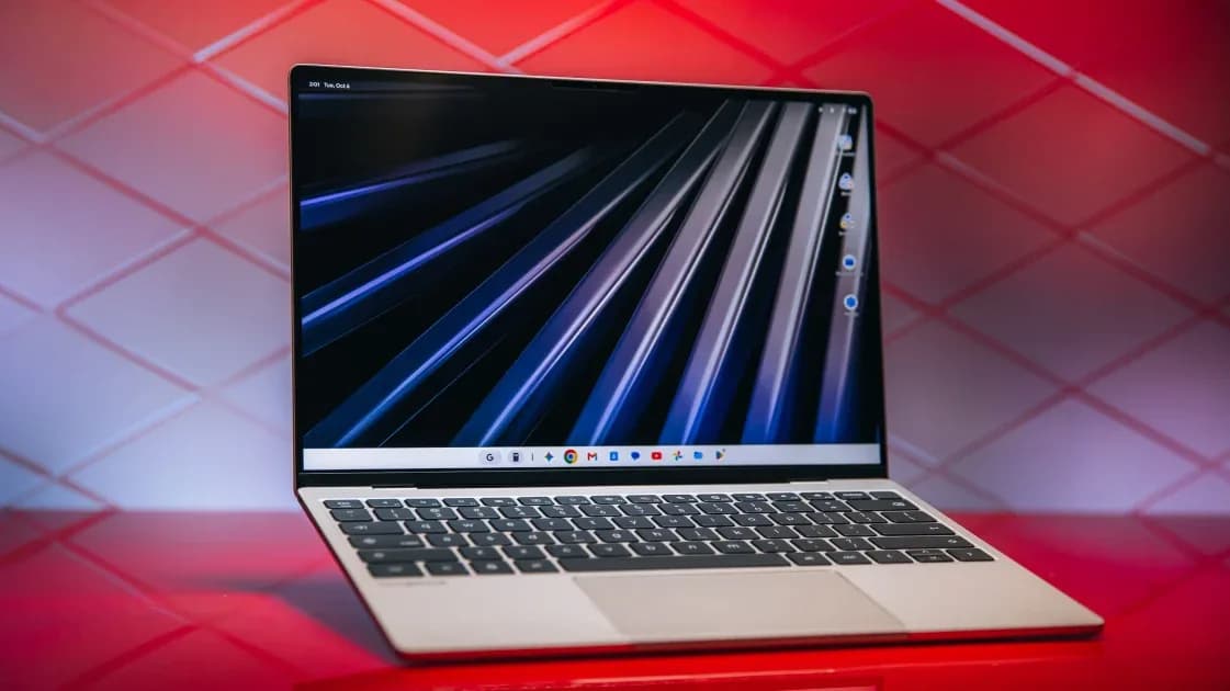 Dell XPS Googlebook laptop in Shimmer finish, front view showing thin bezels and Google Glow Bar on lid