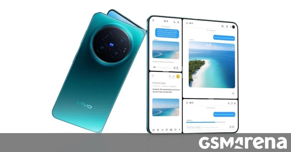 vivo X Fold6 folded and unfolded next to a MacBook and notebook