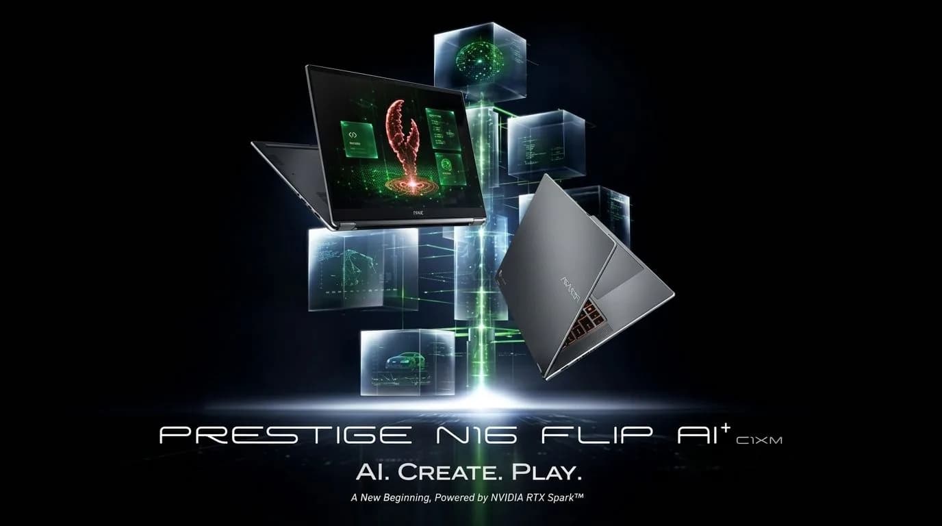 MSI Prestige N16 Flip AI+ laptop in tablet mode, showing its 16-inch Tandem OLED display